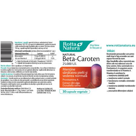 Beta-Caroten, 25000 UI, 30 capsule vegetale, Rotta Natura 705212