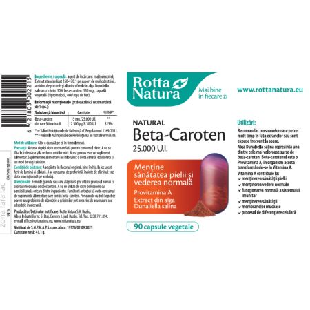 Beta-Caroten, 25000 UI, 90 capsule vegetale, Rotta Natura 705217