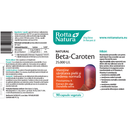 Beta-Caroten, 25000 UI, 90 capsule vegetale, Rotta Natura 705217
