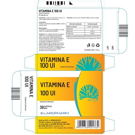 Vitamina E, 100 UI, 30 capsule, Laropharm 705339
