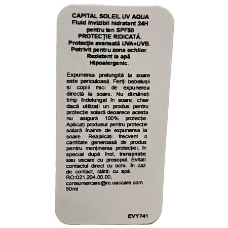 Fluid hidratant invizibil cu protectie solara SPF 50 Capital Soleil UV Aqua, 50 ml, Vichy 705531