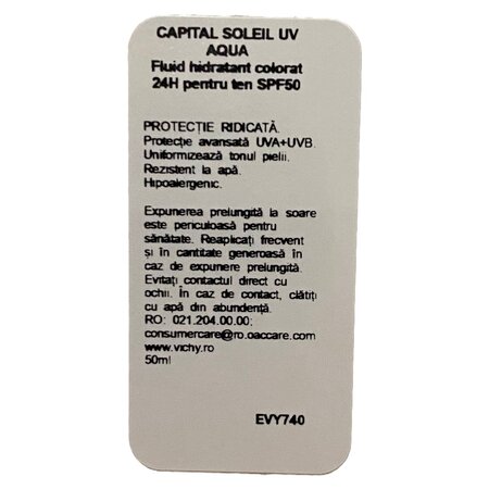 Fluid hidratant colorat cu protectie solara SPF 50 Nuanta Light Capital Soleil UV Aqua, 50 ml, Vichy 705563