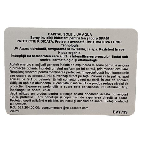 Spray hidratant pentru fata si corp cu protectie solara SPF 50 Capital Soleil UV Aqua, 200 ml, Vichy 705591