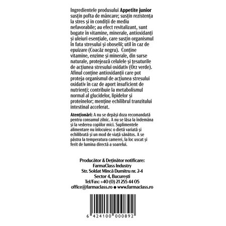 Sirop cu miere pentru copii Appetite Junior, 100 ml, FarmaClass 706116