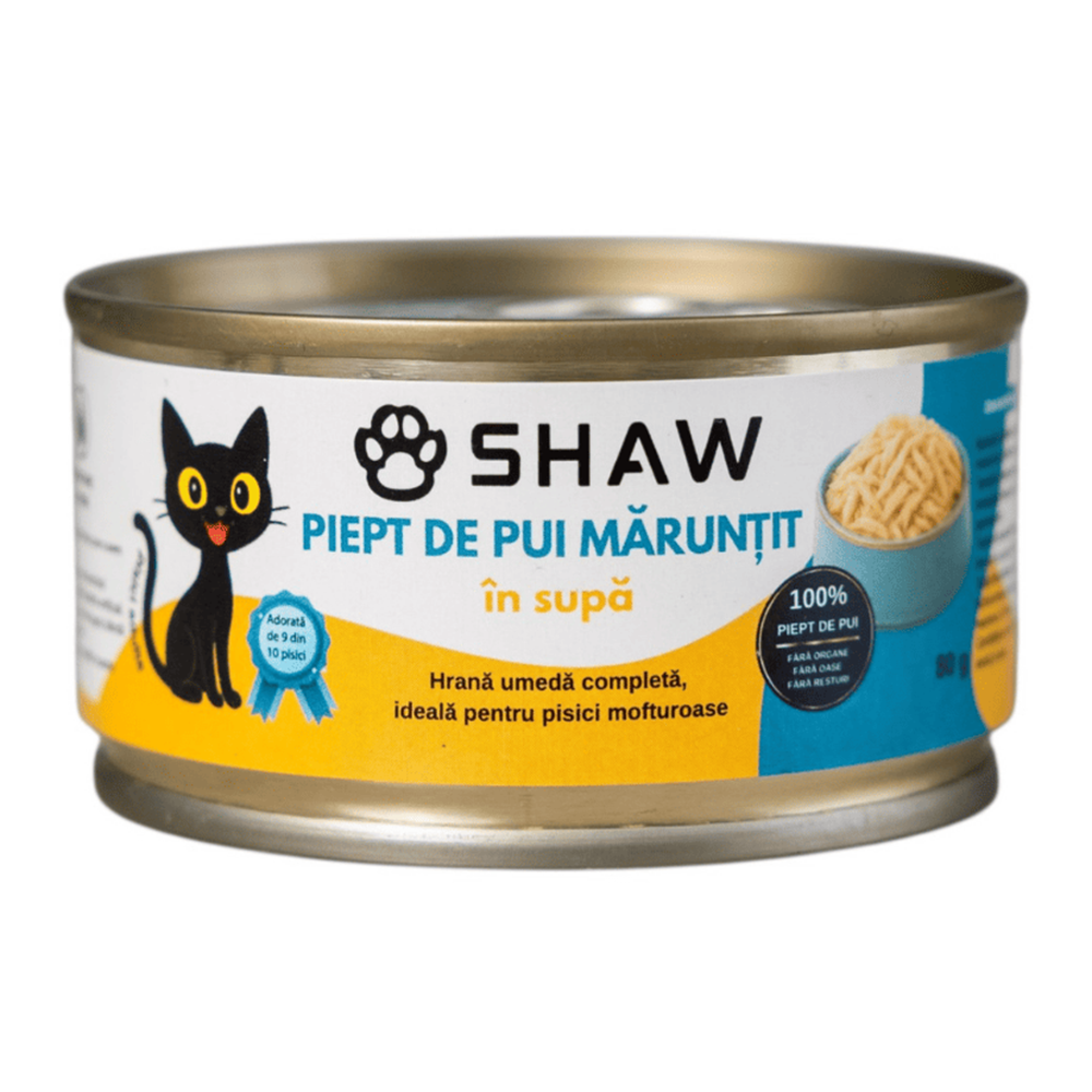Hrana umeda cu piept de pui maruntit in supa pentru pisici, 80 g, Shaw