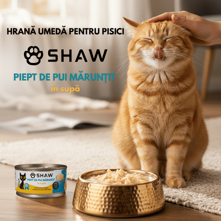 Hrana umeda cu piept de pui maruntit in supa pentru pisici, 80 g, Shaw 706329