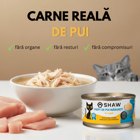 Hrana umeda cu piept de pui maruntit in supa pentru pisici, 80 g, Shaw 706328