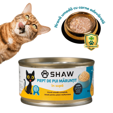 Hrana umeda cu piept de pui maruntit in supa pentru pisici, 80 g, Shaw 706330