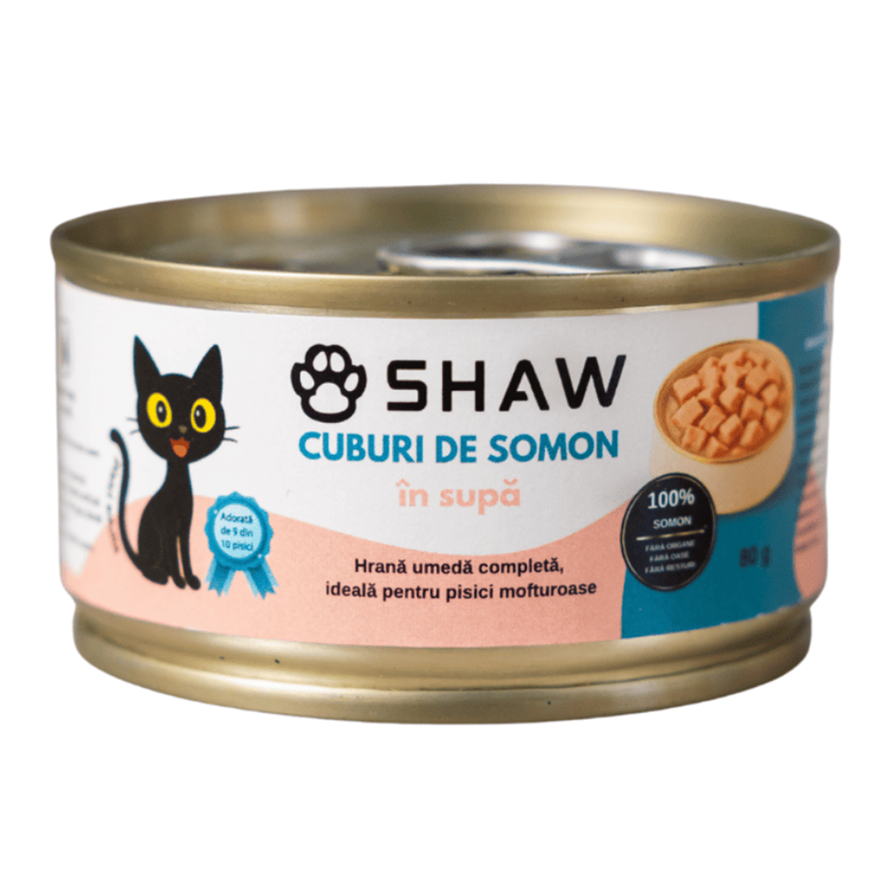 Hrana umeda cu somon cuburi in supa pentru pisici, 80 g, Shaw