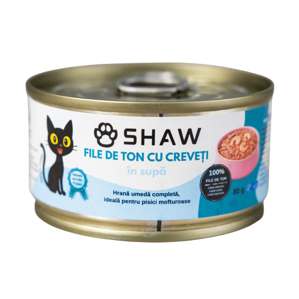 Hrana umeda cu file de ton si creveti in supa pentru pisici, 80 g, Shaw