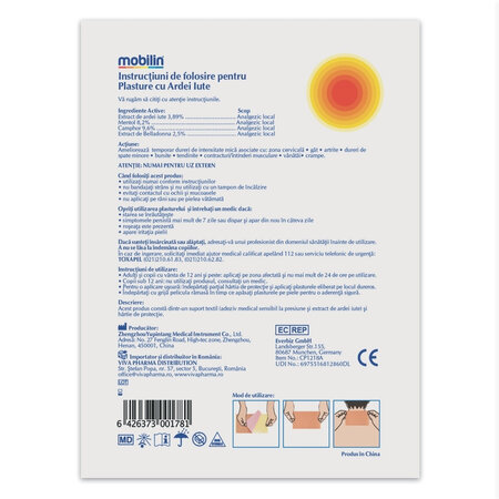 Plasturi cu ardei iute Mobilin, 12 cm x 18 cm, 10 bucati, Viva Pharma 708844