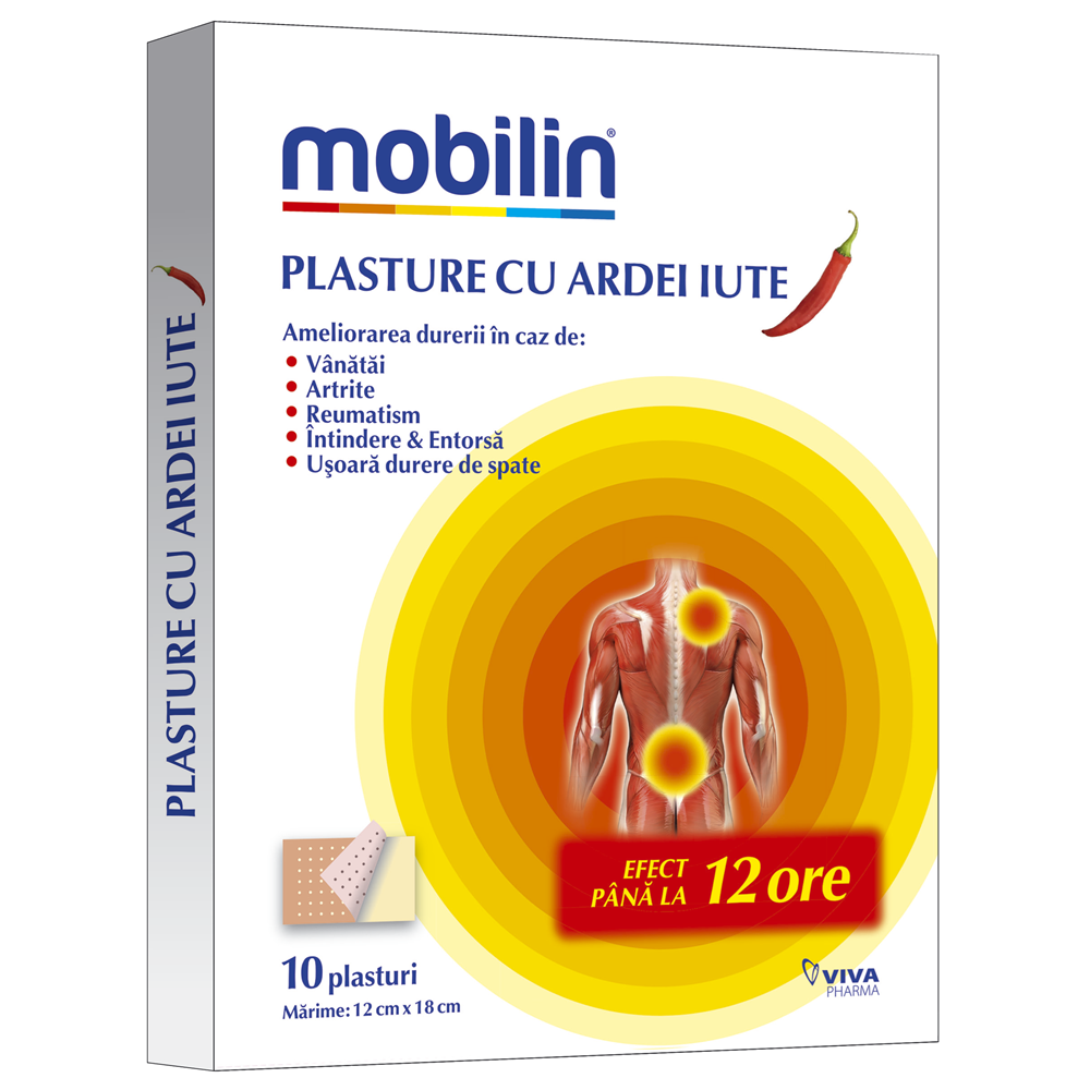 Plasturi cu ardei iute Mobilin, 12 cm x 18 cm, 10 bucati, Viva Pharma