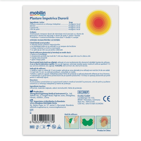 Plasturi impotriva durerii Mobilin, 10 cm x 15 cm, 6 bucati, Viva Pharma 708842
