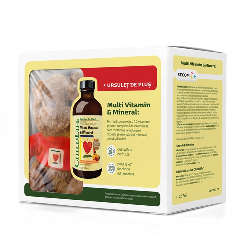 Pachet Multivitamine si minerale pentru copii Childlife Essentials, 237 ml+Ursulet de plus, Secom