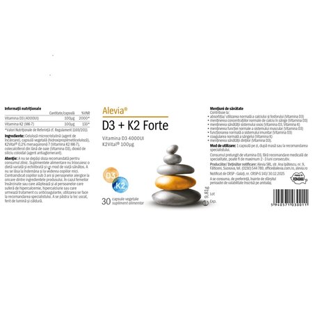 Vitamina D3 + K2 Forte, 30 capsule vegetale, Alevia 706833