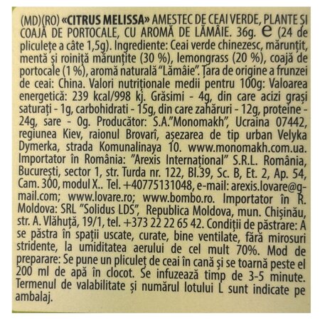 Amestec de ceai verde, plante, coaja de portocala, cu aroma de lamaie Citrus Melissa, 24 plicuri x 1.5 g, Lovare 710253
