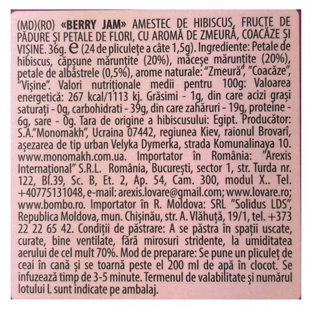 Amestec de ceai de hibiscus, fructe de padure si petale de flori Berry Jam, 24 plicuri x 1.5 g, Lovare 710255