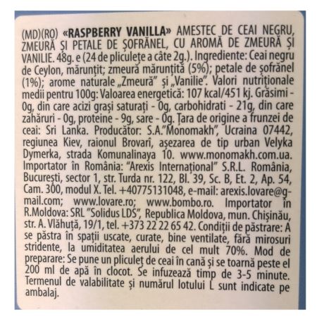 Ceai negru cu zmeura si petale de sofranel, cu aroma de vanilie Raspberry Vanilla, 24 plicuri x 2 g, Lovare 710259