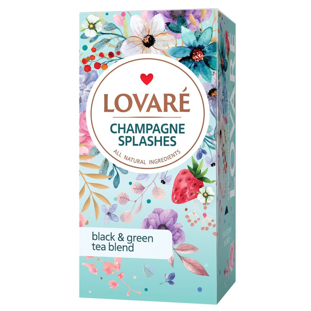 Amestec de ceai negru, ceai verde, capsune si petale de albastrele Champagne Splashes, 24 plicuri x 2 g, Lovare