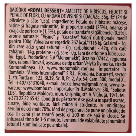Amestec de ceai de hibiscus, fructe si petale de flori Royal Dessert, 24 plicuri x 1.5 g, Lovare 710263