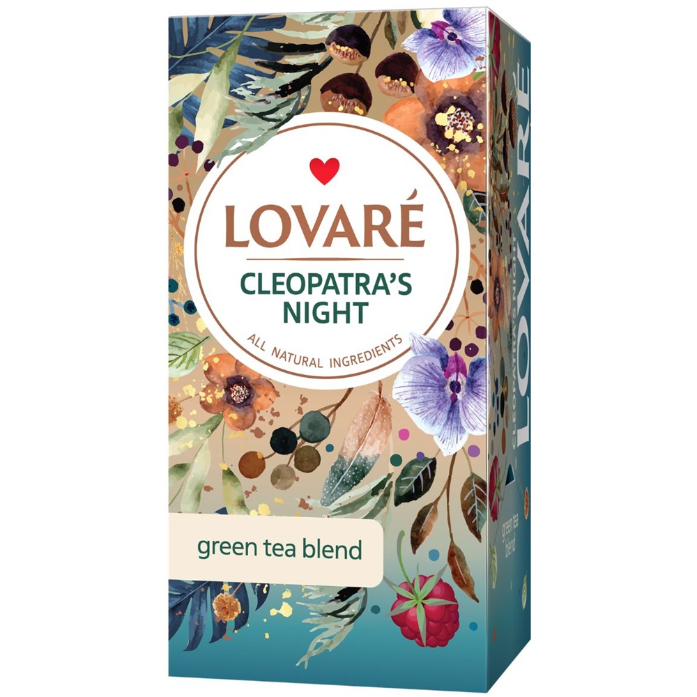 Amestec de ceai verde, petale de flori si fructe, cu aroma de zmeura Cleopatra's Night, 24 plicuri x 2 g, Lovare