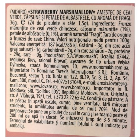 Amestec de ceai verde, fragute si petale de albastrele, cu aroma de fragi Strawberry Marshmallow, 24 plicuri x 2 g, Lovare 710278