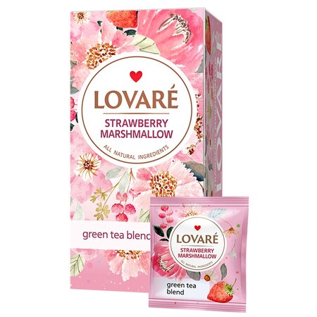 Amestec de ceai verde, fragute si petale de albastrele, cu aroma de fragi Strawberry Marshmallow, 24 plicuri x 2 g, Lovare 707087