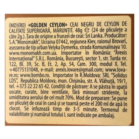 Ceai negru de ceylon Golden Ceylon, 24 plicuri x 2 g, Lovare 710284