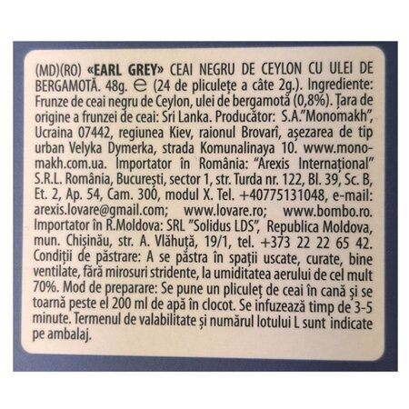 Ceai negru de ceylon cu ulei de bergamota Earl Grey, 24 plicuri x 2 g, Lovare 710298
