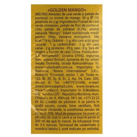 Ameste de ceai verde si petale de flori de portocal, cu aroma de mango Golden Mango, 15 plicuri x 2 g, Lovare 710306