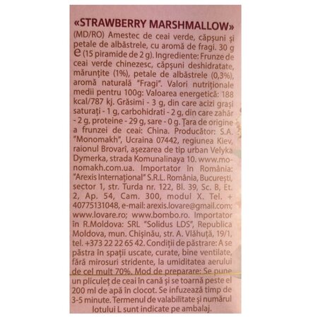 Amestec de ceai verde, capsuni si petale de albastrele Strawberry Marshmallow, 15 plicuri x 2 g, Lovare 710308