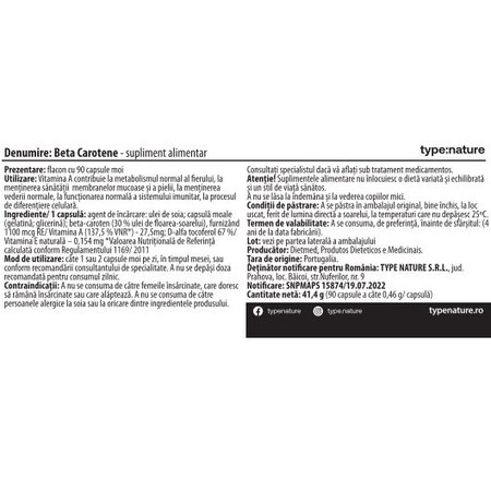 Beta Carotene, 10000 IU, 90 capsule gelatinoase moi, Naturmil 707261