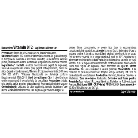 Vitamina B12, 2500 mcg, 60 tablete, Naturmil 707592