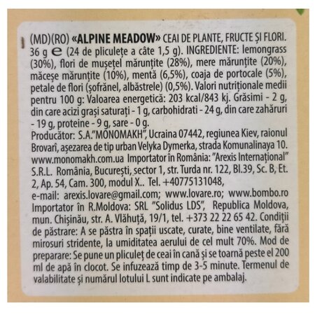 Ceai de plante, fructe si flori Alpine Meadow, 24 plicuri x 1.5 g, Lovare 710361