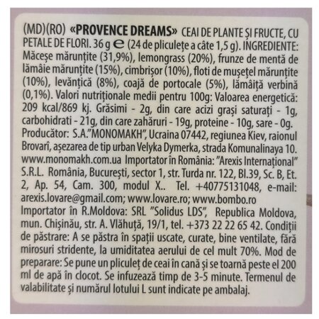 Ceai de plante, fructe si petale de flori Provence Dreams, 24 plicuri x 1.5 g, Lovare 710363