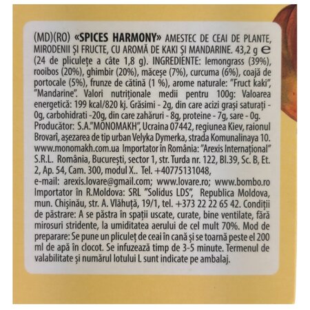 Ceai de plante, mirodenii si fructe, cu aroma de kaki si mandarine Spices Harmony, 24 plicuri x 1.8 g, Lovare 710370
