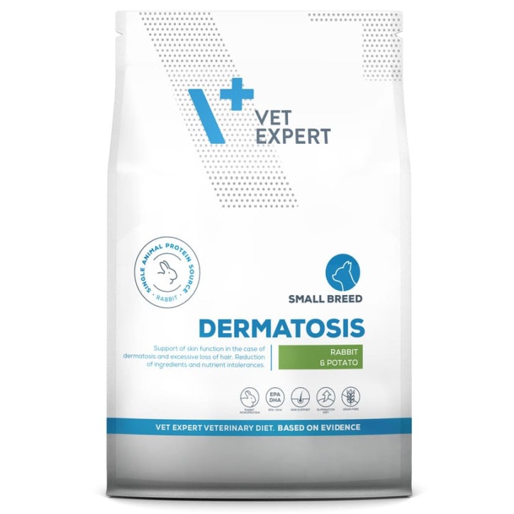 Furaj dietetic pentru caini de talie mica cu iepure si cartof Dermatosis, 2 kg, Vetexpert