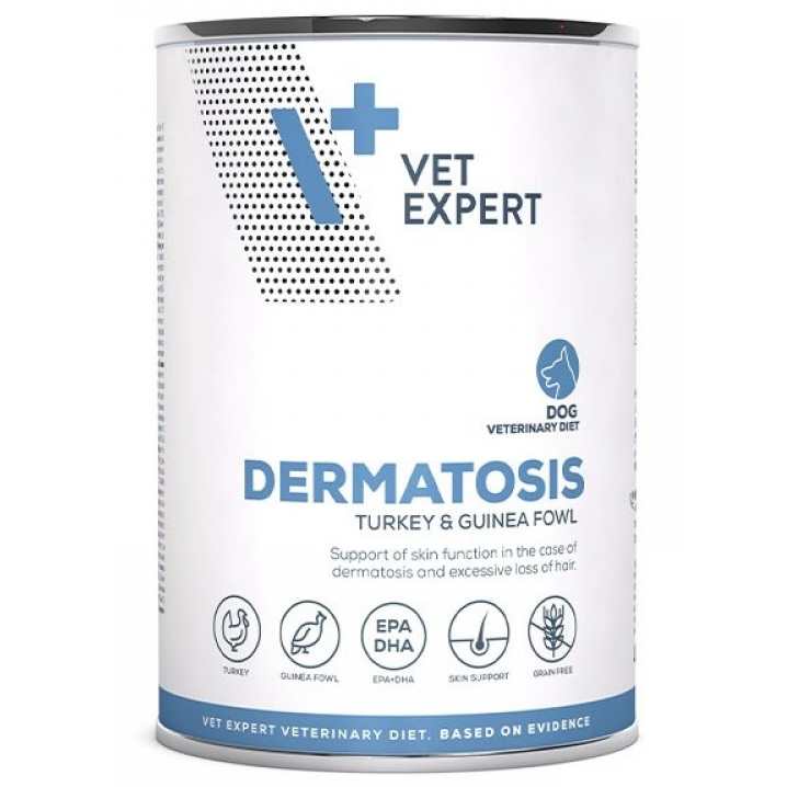 Hrana umeda dietetica pentru caini cu carne de curcan si bibilica Dermatosis, 400 g, Vetexper