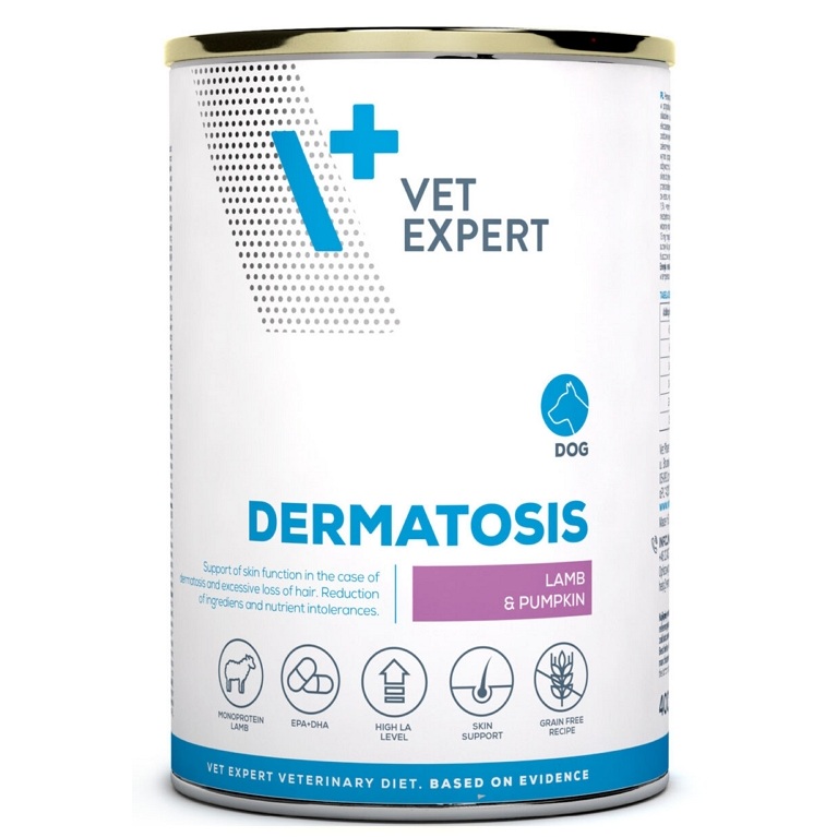 Hrana umeda dietetica pentru caini cu miel si dovleac Dermatosis, 400 g, Vetexpert