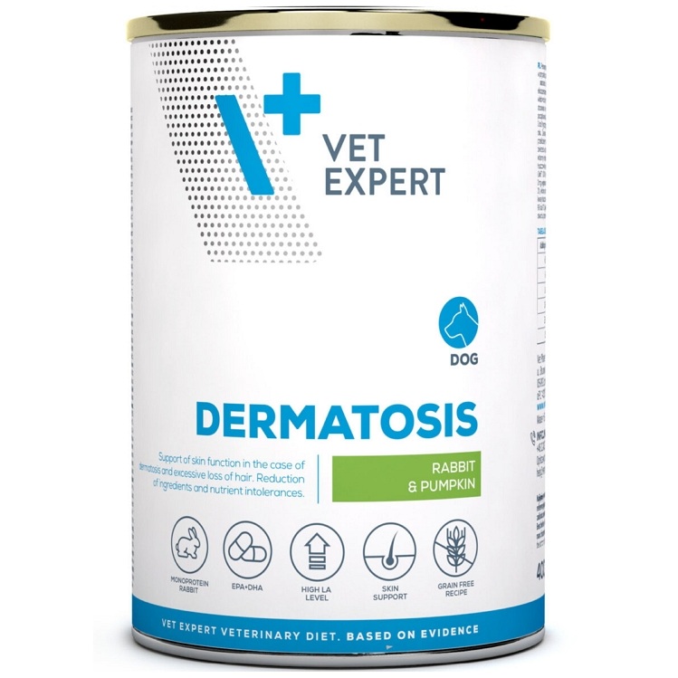 Hrana umeda dietetica pentru caini cu iepure si dovleac Dermatosis, 400 g, Vetexpert