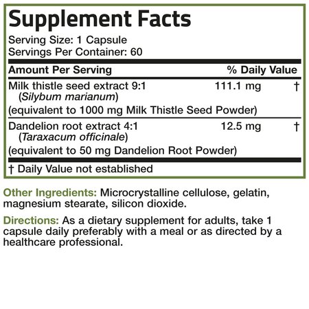 Extract din seminte de silimarina cu papadie Milk Thistle, 1000 mg, 60 capsule, Bronson Laboratories 709770