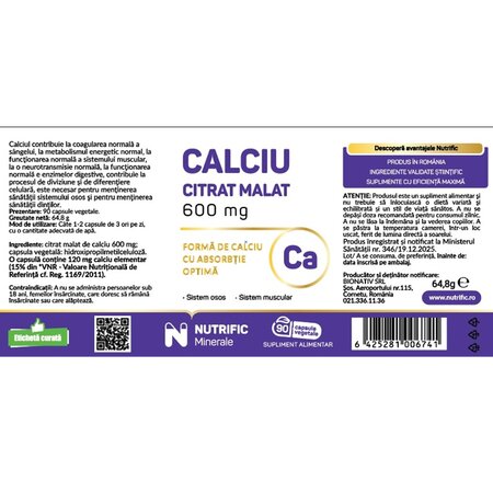 Calciu Citrat Malat, 90 capsule vegetale, Nutrific 719705