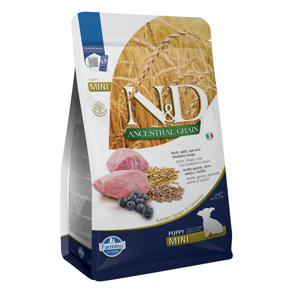 Hrana uscata cu alac, ovaz, afine si carne de miel pentru caini Puppy Mini Ancestral Grain N&D, 2.5 kg, Farmina