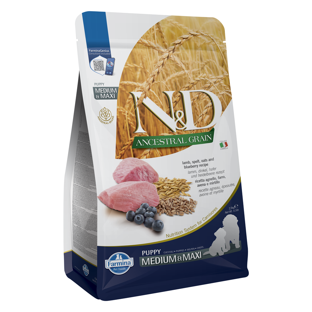 Hrana uscata cu alac, ovaz, afine si carne de miel pentru caini Adult Mini Ancestral Grain N&D, 2.5 kg, Farmina