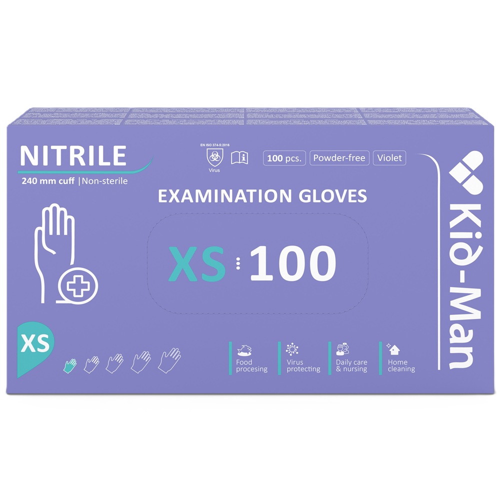 Manusi din nitril nepudrate de unica folosinta violet, marimea XS, 100 bucati, Kid-Man