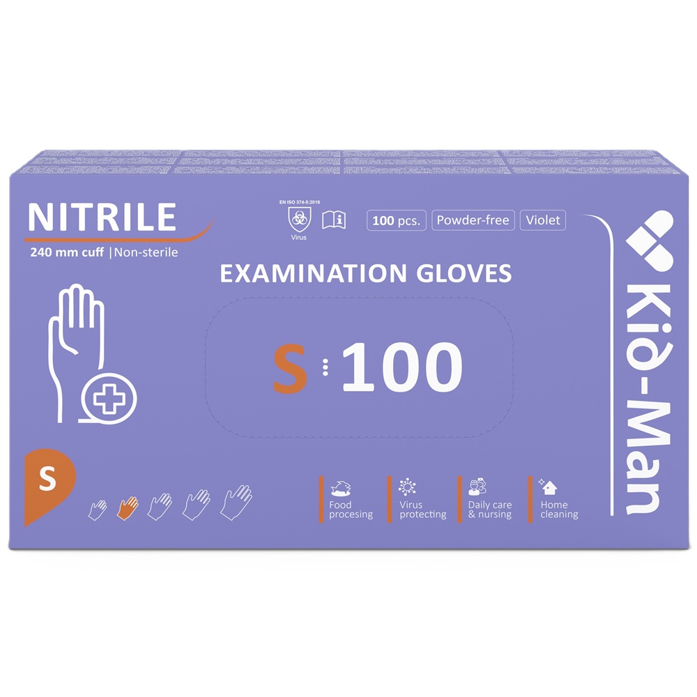 Manusi din nitril nepudrate de unica folosinta violet, marimea S, 100 bucati, Kid-Man