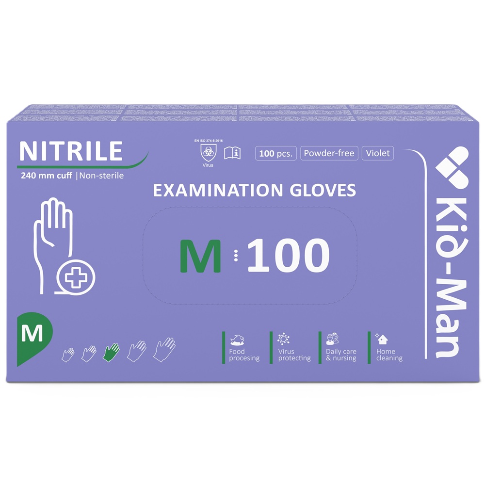 Manusi din nitril nepudrate de unica folosinta violet, marimea M, 100 bucati, Kid-Man