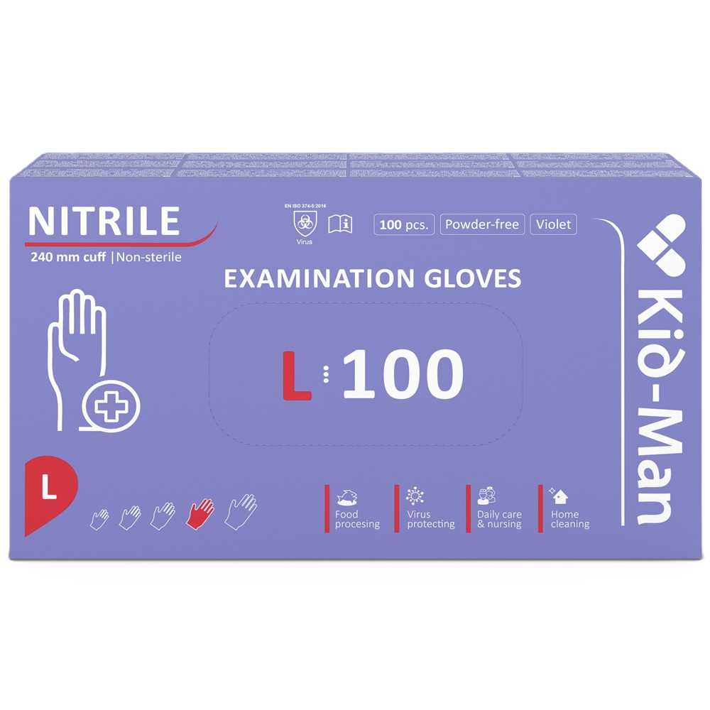Manusi din nitril nepudrate de unica folosinta violet, marimea L, 100 bucati, Kid-Man