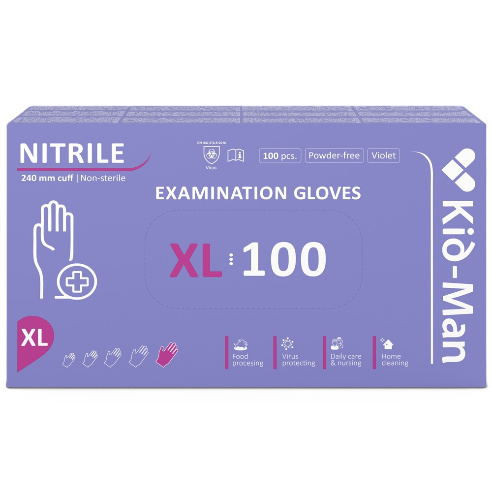 Manusi din nitril nepudrate de unica folosinta violet, marimea XL, 100 bucati, Kid-Man