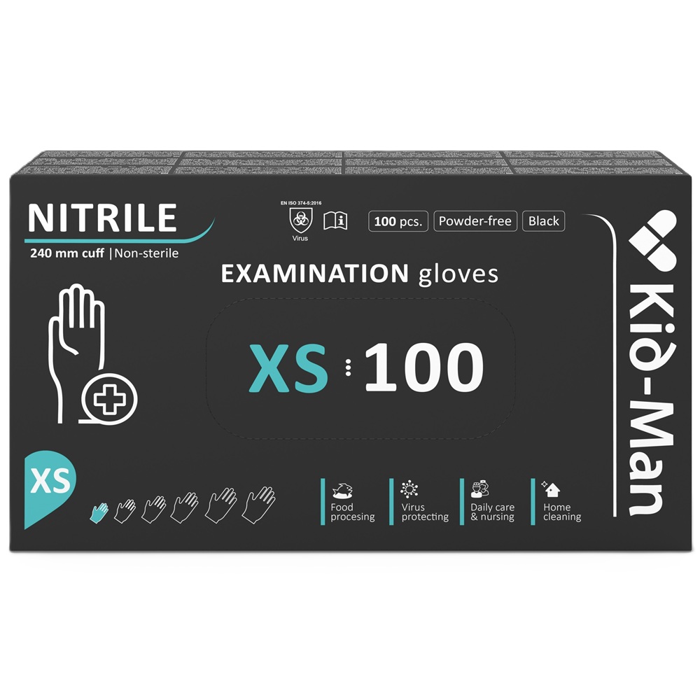 Manusi din nitril nepudrate de unica folosinta negre, marimea XS, 100 bucati, Kid-Man
